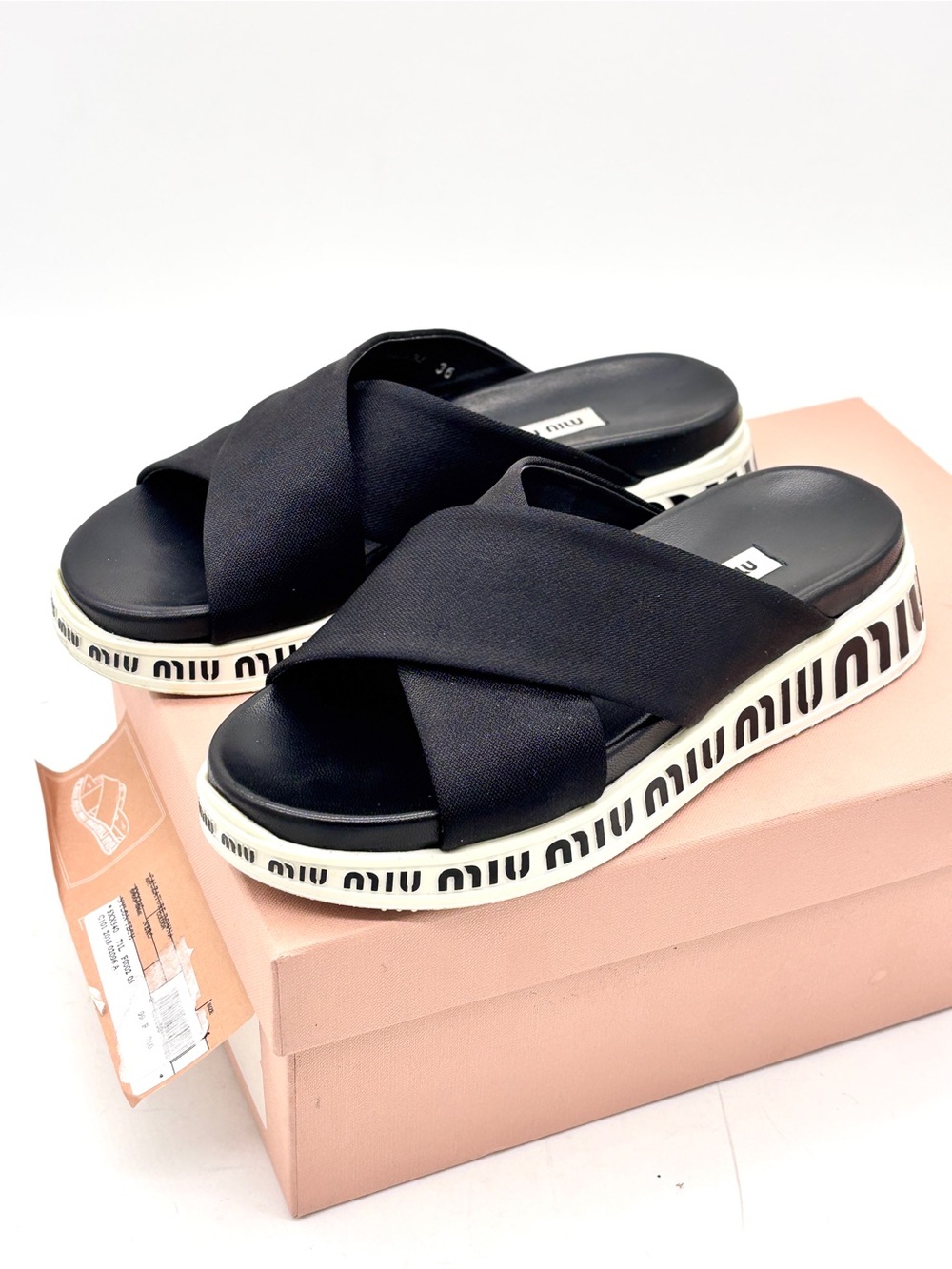 Miu Miu Black Nylon Leather Slides Sandals